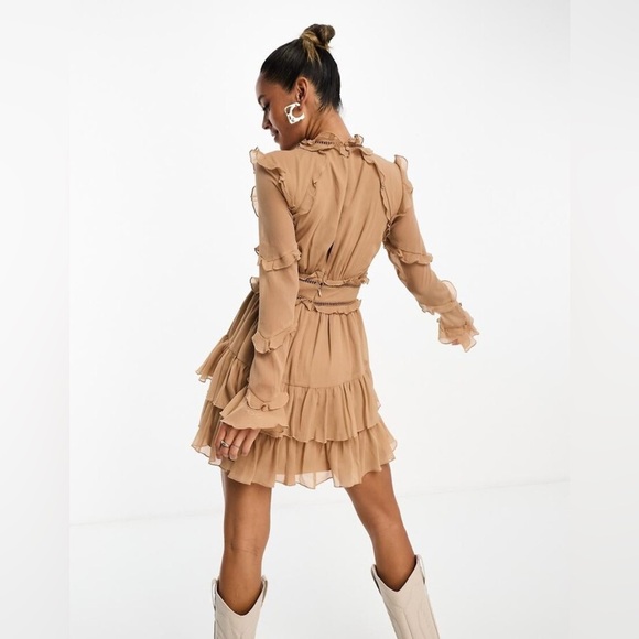 Frill mini dress with button detail in brown - Picture 3 of 5